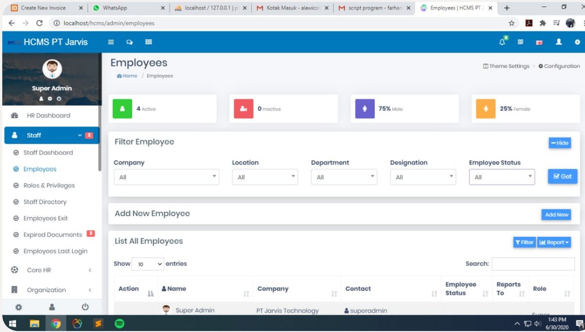 HCMS Employee Management System interface